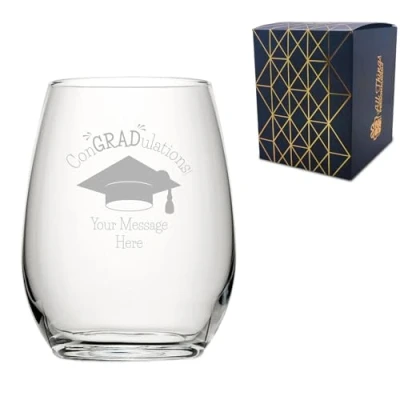 Image of Personalised Engraved Graduation Stemless Wine Glass with &#039;ConGRADulations&#039; Design, Personalise Any Name or Message, Gift Box Included, Laser Engraved, University College