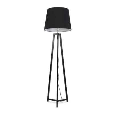 Image of Black Wood Tripod Floor Lamp with Tapered Fabric Lampshade Living Room Light