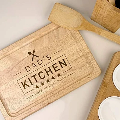 Image of eBuyGB Personalised Rectangle Chopping Board, Dad&#039;s Five Star Kitchen, Custom Father&#039;s Day Gift, Wooden Cheeseboard, Cutting/Serving Birthday Present, New Home