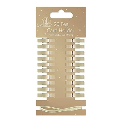 Image of SKYTE® 20 x Christmas Xmas Card Holder Mini Wooden Pegs With 2m Metallic String Festive Colours Decoration (Gold)