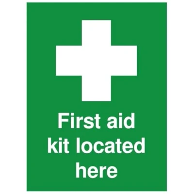 Image of Rubigo First Aid Kit Sticker Located Here Safety Sign Signs of Self Adhesive Sticker, ISO Certified Signs, 20x15cm (Pack 2)