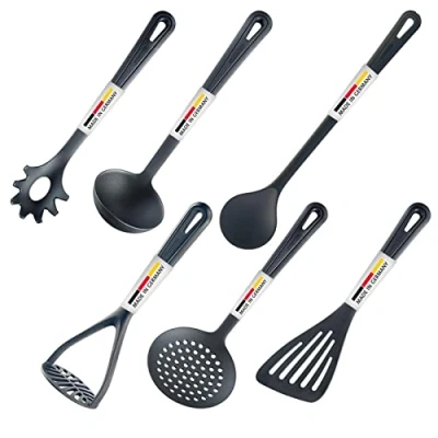 Image of Westmark Kitchen Utensil Set, 6 pcs: spatula, cooking spoon, skimming spaghetti soup ladle, potato masher, Plastic, Gentle, Black, 283522E6