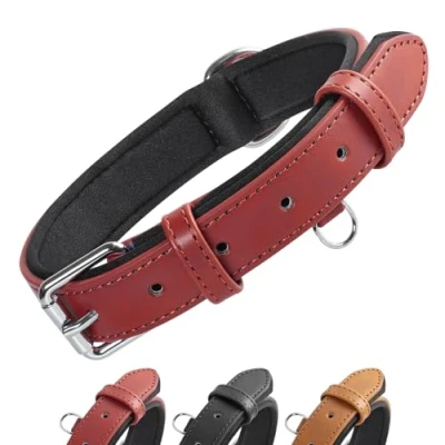 Image of Grand Line Leather Dog Collar, Wider and Thicker Durable Collar with Soft Padded, Adjustable Pet for Small Medium Large Cat Puppy (Red, M)