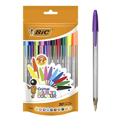 Image of BIC Cristal Multi Colour Ballpoint Pens, Assorted Colors Every day Biro Pens with Wide Point (1.6 mm), Pack of 20