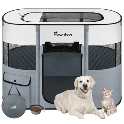 Image of Pawaboo Dog PlayPen, Portable Pet Cat 600D Oxford Kennel Tent, Waterproof &amp; Breathable, Indoor Outdoor Travel Camping Use for Medium/Large with Carrying Bag+Folding Bowl, L, Gray