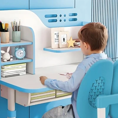 Image of ehozirta Kids study desk chair Set,Height Adjustable child and set School table for kids,kids with gift, children Large Writing Board, Bookshelf Drawer Blue