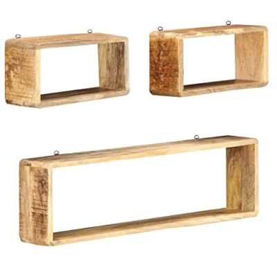 Image of vidaXL 3 Piece Solid Mango Wood Wall Cube Shelf Set Brown Decorative Ledge Storage 80x25x15cm and 35x20x15cm Retro Style for Living Room, Bedroom, Office No Assembly Required