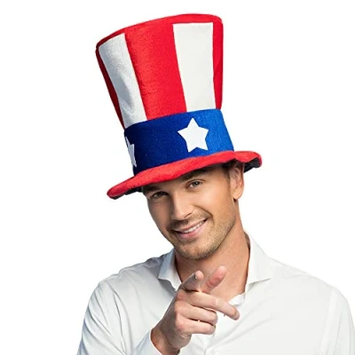 Image of Boland USA Themed Hat, Uncle Sam Soft, Plush, 4th of July, Stars and Stripes, Fancy Dress Accessory, Headwear, Novelty, Party, Festival, Carnival, Halloween, Adult, One Size (One Size)
