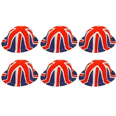 Image of QDS 6 x Union Jack Bowler Hats British Flag Queens Jubilee Fancy Dress Party Hat Patriotic Costume Accessory, Red, White, Blue