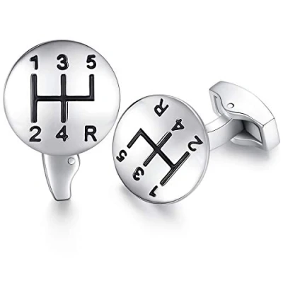 Image of HONEY BEAR Cufflinks For Men, Stainless Steel Round Car Gear Speed Stick Retro, Business Wedding Gift (Silver)