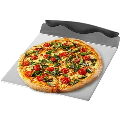 Image of COM FOUR® Pizza Pusher Made of Stainless Steel Cake Shelf with Plastic Handle and Server Peel 20.5 x cm (Black/Silver Colored Angular)