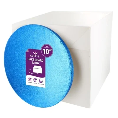 Image of Culpitt Dark Blue Board &amp; Tall Box Set 10&quot; White Cake Coloured Drum, And Colourful Board, Storage Transport Combo For Decorated Tiered Cakes