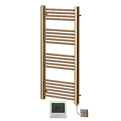 Image of Greened House Electric Brushed Brass Straight Heated Towel Rail 500mm Wide x 1200mm High Flat Radiator + Timer and Thermostat