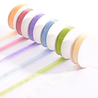 Image of Vaessen Creative Organza Ribbon Set, Spring, A Mix of 6 Colours, 6mm x 2m, Woven Edge Trimming for Easter Card Making, Scrapbooks, Gift Wrapping, Christening Gifts and More Craft Projects