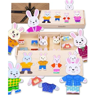 Image of Jaques of London Wooden Puzzle Rabbit Family Dress Up Jigsaw for 3 4 5 Year Olds Toddler Puzzles Girls and Boys Animal Toys