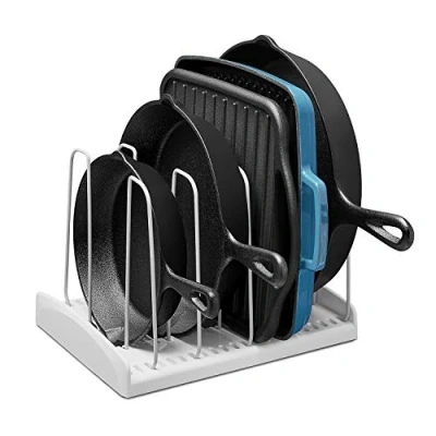 Image of YouCopia 50161 StoreMore Cookware Stand Adjustable Pan Organiser, Alloy Steel Plastic, White/Opulent Garden