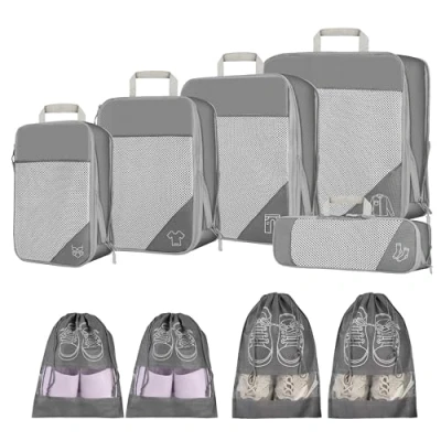 Image of 9pcs Compression Packing Cubes Set, Ultralight Expandable Travel Organizers for Carry on Luggage,Waterproof Cubes, (Grey)
