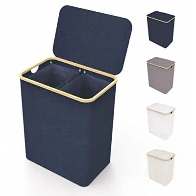 Image of Lonbet Blue Double Laundry Basket With Lid and Removable Bags XXL 150 L Extra Large Hamper 2 section Sorter Compartments Bamboo