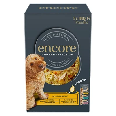 Image of Encore 100% Natural Wet Dog Food, Chicken with Fish Selection in Broth 100g Pouch (Pack of 5x100g)