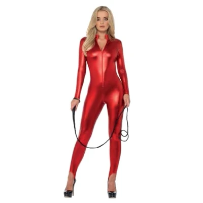 Image of Smiffys Fever Miss Whiplash Costume, Red with Zip Up Catsuit, Fancy Dress, Superhero Dress Costumes