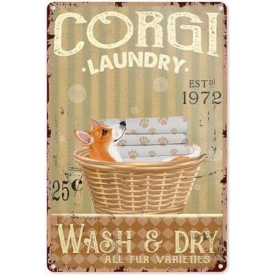 Image of Laundry Signs Metal Corgi Dog Company Sign Decor Tin Aluminum Wall Art Retro Poster for Door Room Home Farmhouse 12x8 inch