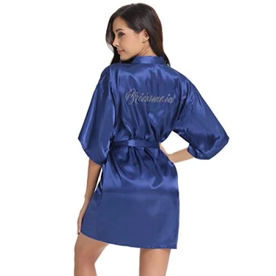 Image of Vlazom Bride Bridesmaid Robes Silk Bridal Party Kimono Robes, Dressing Gown Glitter Gift for Wedding Dark Blue Bridesmaid(back in Rhinestones) S(UK 6)