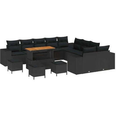 Image of vidaXL 14 Piece Garden Sofa Set with Cushions Black Poly Rattan Acacia