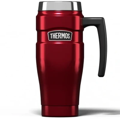 Image of Thermos Stainless King Red Travel Mug (470ml), Reusable Insulated Steel Coffee Cup for Hot or Cold Drinks, Vacuum Sealed Water Flask with a Leak Proof Lid, 7hr Hot/18hr