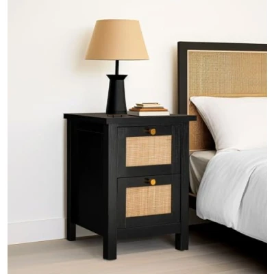 Image of Hallowood Furniture Newquay Black Bedside Table with 2 Drawers &amp; Rattan Front, Narrow Table, Lamp Bedroom Storage Unit, Nightstand, Side for Living Room
