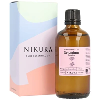 Image of Nikura Geranium Essential Oil 100ml (Bourbon) for Sleep, Aromatherapy, Diffusers Home, Candle Making, Bath, Anxiety, Massage, Skin 100% Pure Natural Oils Vegan &amp; UK Made