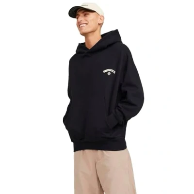 Image of JACK &amp; JONES Men&#039;s Jorsantorini Graphic Sweat Hood Sn Hoodie, Black, L