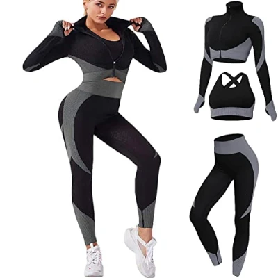 Image of Veriliss Women&#039;s 3pcs Gym Tracksuit Sweatsuit Activewear Sets 2024 Sport Yoga Fitness Clothing Ladies Workout Outfit Sportsuits for Running Jogging (BlackGrey, M)