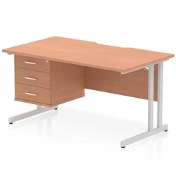 Image of Impulse 1400 x 800mm Scalloped Edge Straight Office Desk Beech Top Silver Cantilever Leg Workstation 1 3 Drawer Fixed Pedestal