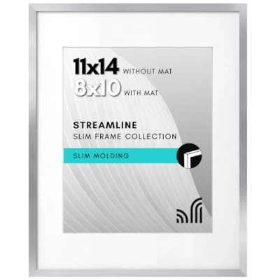Image of Americanflat 11x14 Picture Frame in Silver Displays 8x10 With Mat and Without Horizontal Vertical Formats for Wall