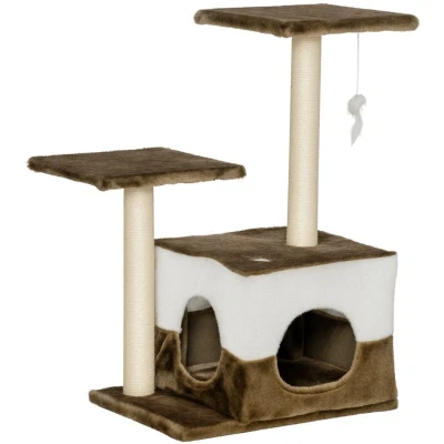 Image of PawHut Cat Tree Play Centre W/Scratching Posts, House, Perches, Toy Mouse Brown