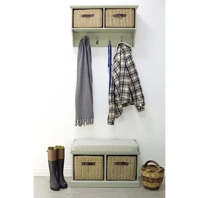 Image of Tetbury Sage Green Hallway Set, 2 Seater Storage Bench, Hanging Shelf with Durable Brown Baskets, Cushion Seat, Fully Assembled Furniture (sage green)