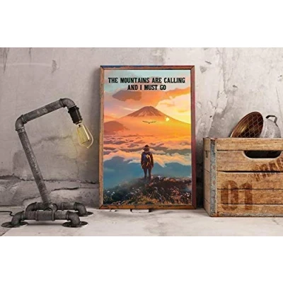 Image of The Mountains Are Calling And I Must Go Art Hiking Wall Cycling Retro Style Motorbike Metal Tin Sign 8x12 Inch