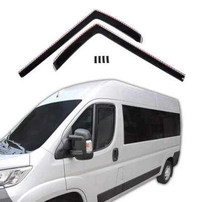 Image of J&amp;J AUTOMOTIVE GP Wind Deflectors Suitable for Fiat Ducato 2006 up, Set of 2, Front, Black, Windproof, Rainproof, Smoke&#039; Darked, Aerodynamic