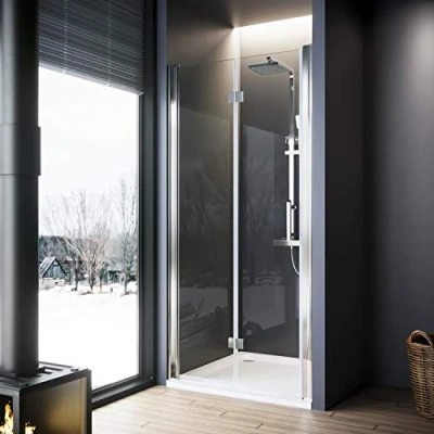 Image of ELEGANT 900x700mm Bifold Shower Enclosure with Tray Frameless Bathroom Doors 6mm Safety Bi Fold Glass, Wetroom Cubicles Reversible Folding Door