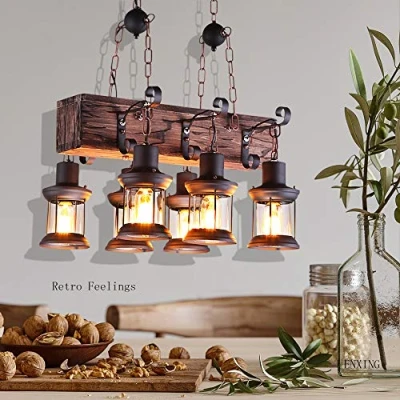 Image of Retro Chandelier Vintage Wood Pendant Lights E27 Hanging Lamp Antique Industry Ceiling Light Creative Iron Lampshade Lighting for Loft Living Room Bar Cafe Decoration 6 Heads