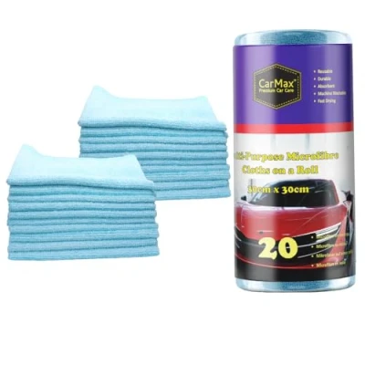 Image of CarMax™ 20 Multi Purpose Blue Car Cleaning &amp; Drying Microfibres on a roll reusable microfibre towels 30cm x tear off
