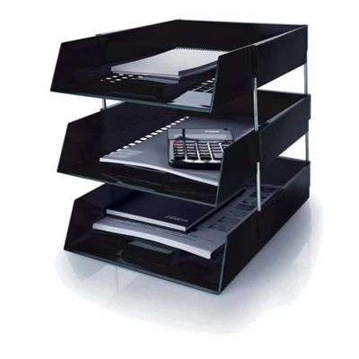 Image of 5 Star Black A4 Plastic Letter File Trays, Including Risers. (4 Trays/3 Riser Sets)