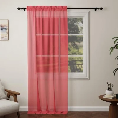 Image of Pacok Red Voile Curtains, 108 Drop Net Curtain for Windows, Rod Pocket Sheer Panel Curtains Living Room Kitcken Bedroom W56xL108 Inch(Red, 142 x 274cm)