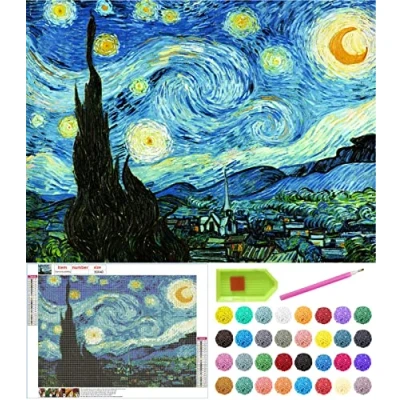 Image of Diamond Painting Kits for Adults Beginner and Kids, Famous Paintings by Van Gogh 5D Full Drill Mosaic DIY Home Wall Decor, 12&quot;x16&quot; Canvas (The Starry Night)