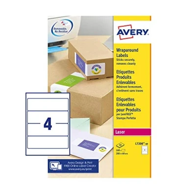 Image of Avery L7200 40 Printable, Customisable Wraparound Labels, Laser Printers, 4 Labels Per A4 Sheet, 160 White