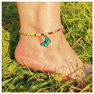 Image of Butterfly Bohemian Anklet Bracelet Colorful Beads Foot Chain Beach Barefoot Sandal Jewelry for Women Girls Teens (Multi Colored A)