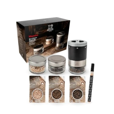 Image of PEUGEOT Pepper Bar Maestro Mill 10 cm Adjustable u&#039;&#039;Select 3 Premium Peppers, Empty Interchangeable Vials, Felt Made in France PEFC Wood &amp; Stainless Steel Matte Black Colour