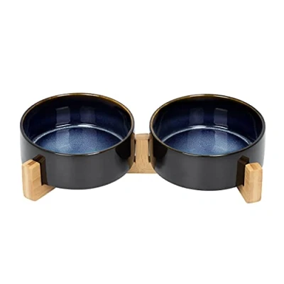 Image of SPUNKYJUNKY Dog Bowl Ceramic Cat Feeding with Bamboo Stand Bowls for Dogs and Cats, Pack of 2 Raised High Set, 400 ml