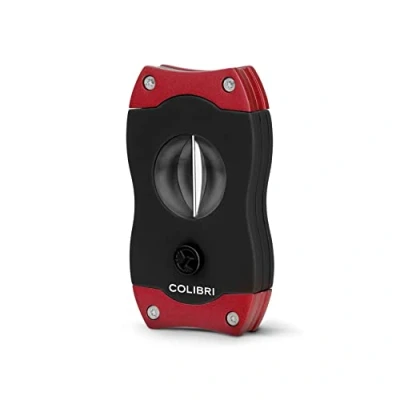 Image of Colibri V Cut Cigar Cutter Black and Red Finish Spring Loaded Release Deep 7mm Up to 60+ Ring Gauge Cigars Ergonomic Design