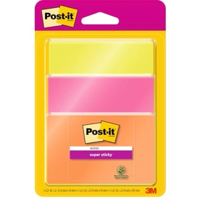 Image of Post it Super Sticky Notes, Assorted Colours, Sizes, 3 Pads, 76 mm x mm, 45 Sheets per Pad Extra Notes for Walls, Monitors and Fridge